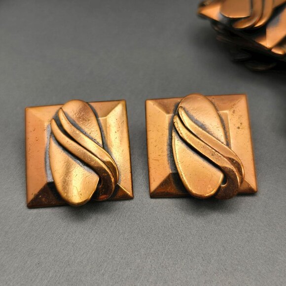 VTG Copper Square Panel 7" Bracelet & Clip On Earrings Set Oval Wave Design - Picture 2 of 7